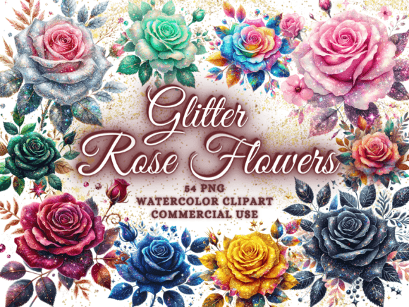 Glitter Roses Clipart: 54 Watercolor Florals for Designers