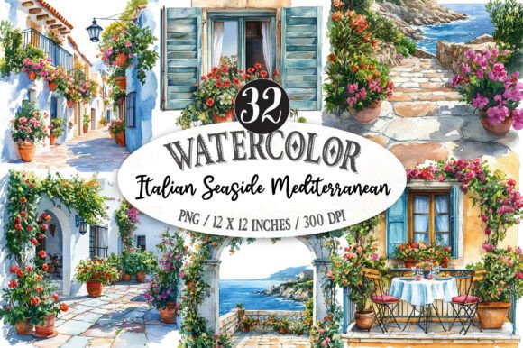 Italian Seaside Mediterranean Clipart: Coastal Design Assets
