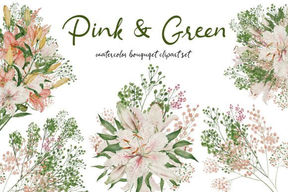 Soft Pink & Green Bouquets: A Watercolor Art Set for Designers