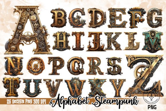 Unleash Industrial Elegance with Alphabet Steampunk Sublimation Clipart