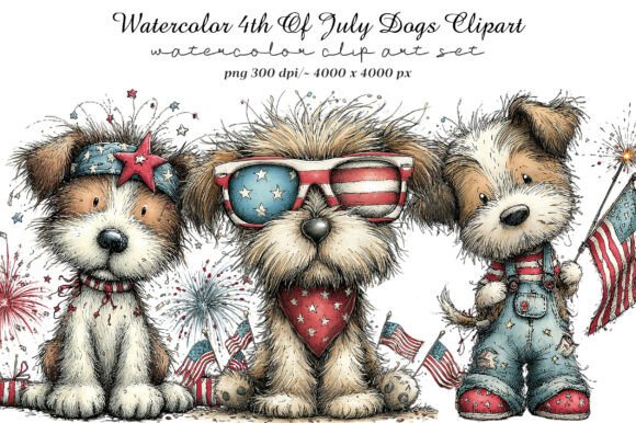 Watercolor 4th of July Dogs Clipart for Patriotic Designs