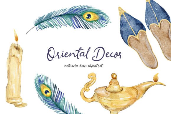 Watercolor Oriental Decor Clipart Set: Infuse Projects with Eastern Elegance