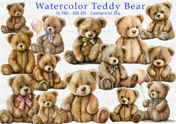Watercolor Teddy Bear Clipart PNG Bundle: A Designer's Delight