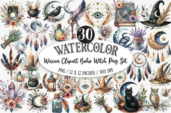 Wiccan Clipart Boho Witch Png Set: Infusing Mystical Charm into Your Creations