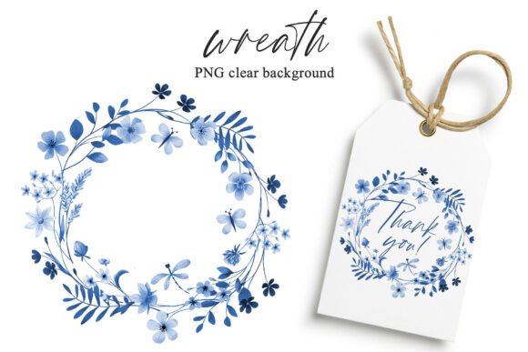 Wreath, Blue Flowers, Butterflies: A Watercolor Design Asset